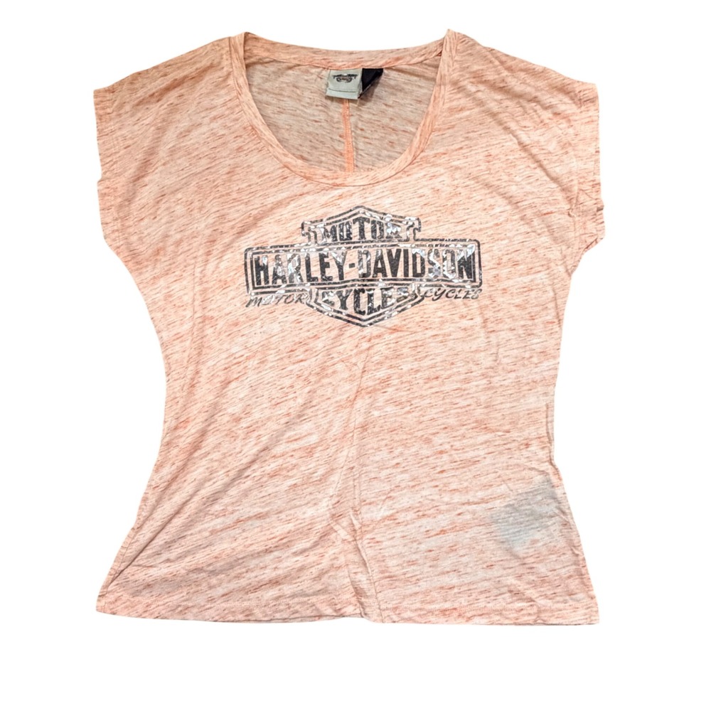 Harley-Davidson Womens Peach Heather Graphic T-Shirt Foil Logo Cap Sleeve‎ Small